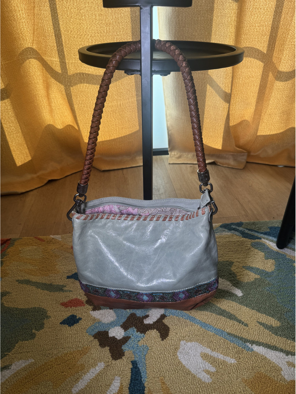 The Sak gray leather shoulder bag with braided brown strap